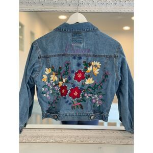 JouJou Blue Denim Flores Floral Embroidered Y2K Trucker Jean Jacket Girl’s M 8/9